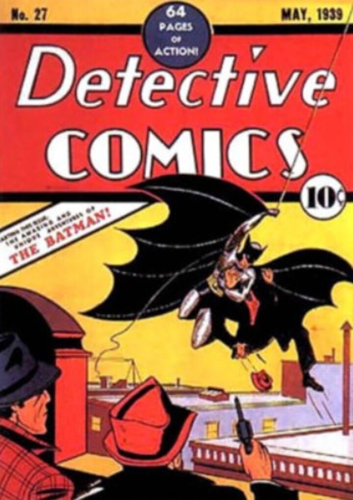 Batman, o Homem-Morcego, um dos principais heróis da DC Comics, surgiu nos quadrinhos em 1939, na revista Detective Comics 27 . Na foto, a edição que tornou-se histórica. 
