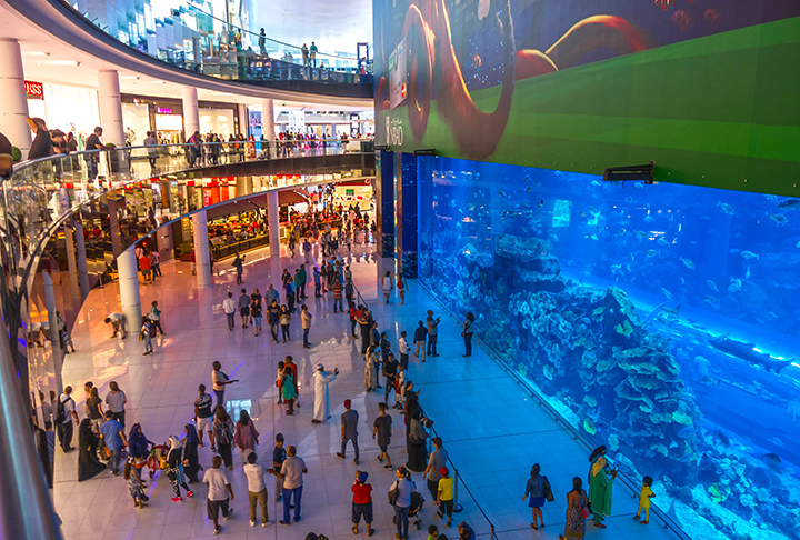 Tem espaço para lazer de crianças, pista de patinação no gelo e o maior aquário (foto) suspenso do mundo com cerca de 33 mil animais em exposição. Por sinal, em 2011, com 54 milhões de visitantes, foi o local mais frequentado do planeta na categoria 'compra e lazer'. 