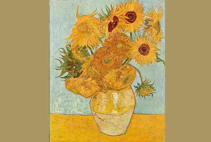 A obra inclui cinco grandes telas dessa flor em um vaso, com tons de amarelo. Para Van Gogh, os girassóis transmitiam gratidão. 