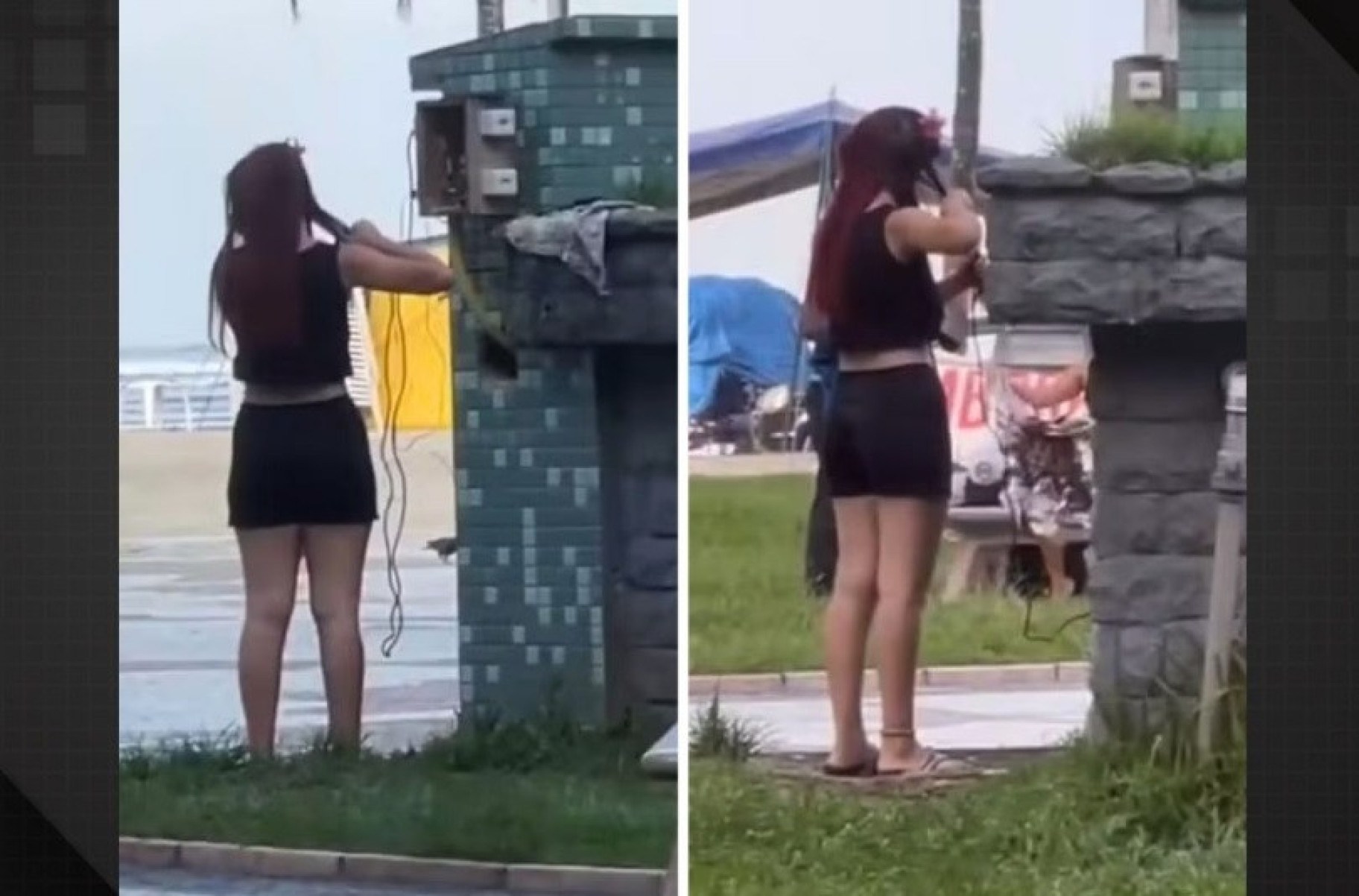Mulher é flagrada fazendo chapinha com tomada pública na orla da praia -  (crédito: Reprodução/Redes Sociais)