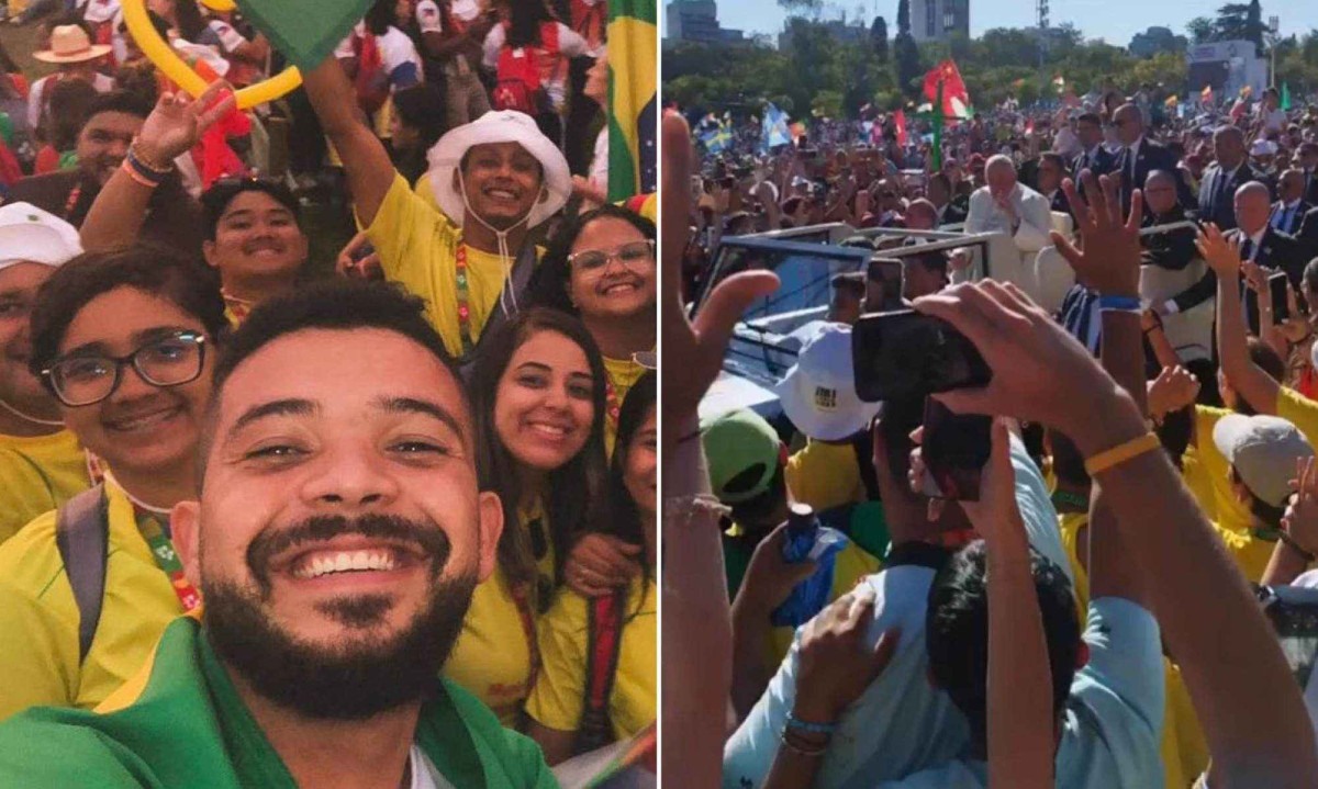 Matheus Henrique em Jornada Mundial da Juventude, em Portugal, onde pôde ver o papa Francisco de perto À esquerda, selfie de Matheus Henrique, rapaz moreno, de barba, juntamente com outros jovens, em encontro da Jornada Mundial da Juventude; à direita, o Papa, no evento, passa de pé no Papamóvel
