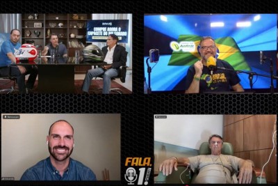 O ex-presidente Jair Bolsonaro (PL) participa de transmissão ao vivo do hospital com seus filhos Carlos, Eduardo e Flávio, e o piloto Nelson Piquet  -  (crédito: Reprodução/Jair Bolsonaro no YouTube)