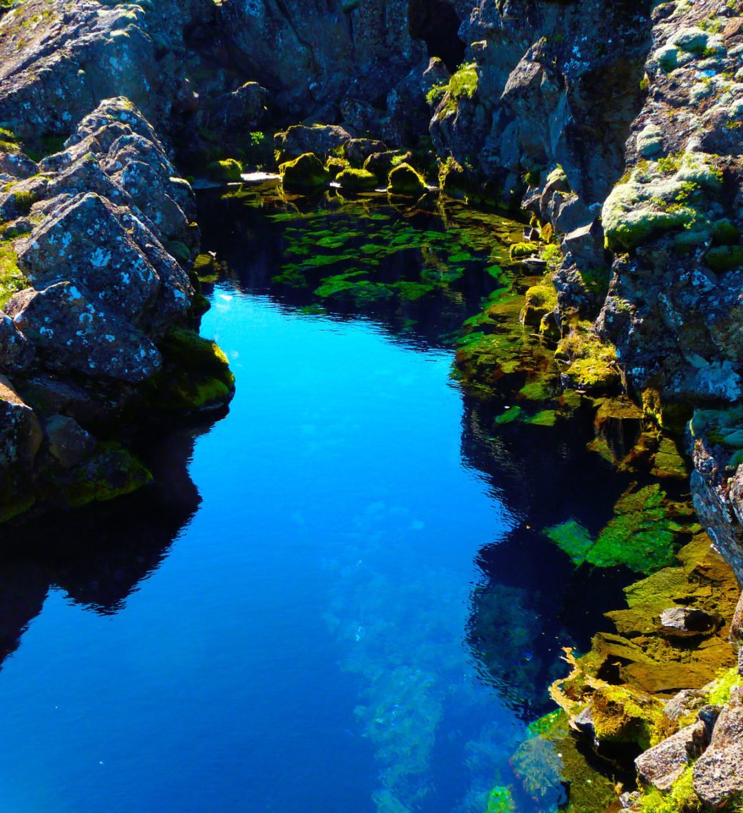 Outro detalhe são as formações rochosas. As paredes da fenda são cobertas por musgo e algas, criando um cenário subaquático único.