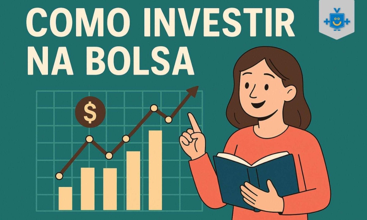 Mulher sorridente segurando um livro, apontando para gráfico de barras com linha crescente e símbolo de dinheiro, com o texto Mulher sorridente segurando um livro, apontando para gráfico de barras com linha crescente e símbolo de dinheiro, com o texto