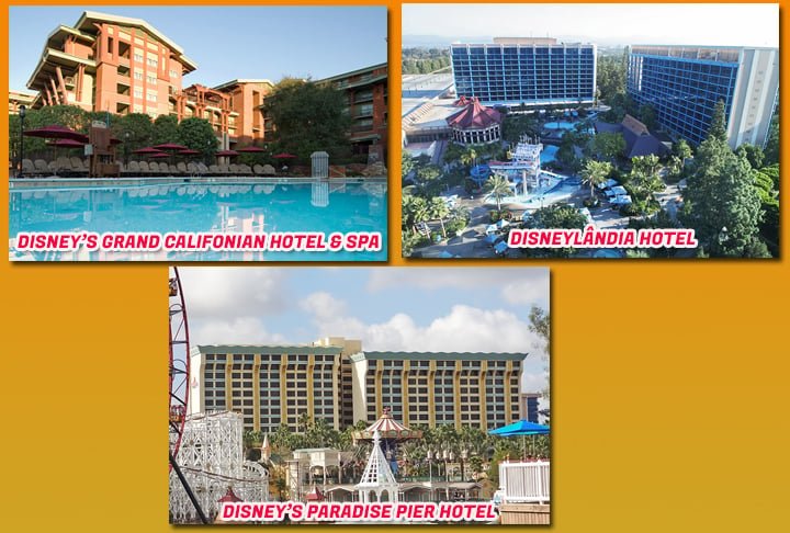 O resort tem três hotéis internos (Disney's Grand Californian Hotel & Spa, Disneyland Hotel e Disney's Paradise Pier Hotel)-Flickr Tiley Disney12, Steven Miller e R Kurmann