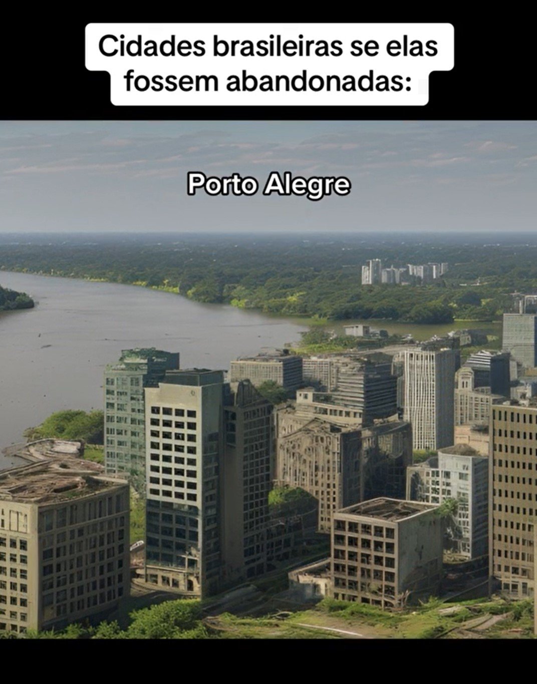 A vegetação toma conta de boa parte da capital, enquanto os prédios aparentam ser ambientes frios e abandonados. A IA retrata uma cidade opaca, sem a vivacidade característica de Porto Alegre. 