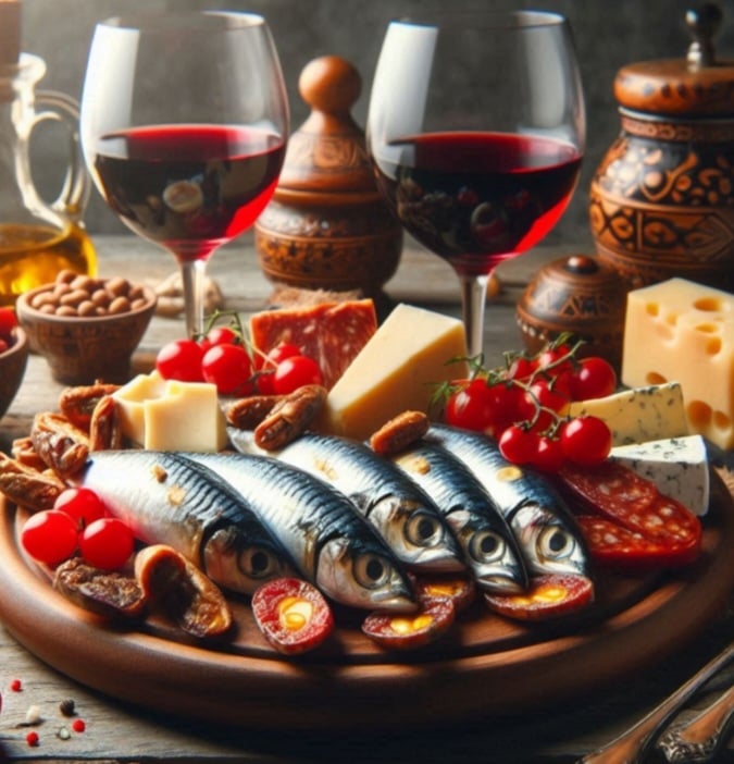Em Portugal, os "petiscos" são semelhantes às tapas espanholas e podem incluir sardinhas, chouriço e queijos, muitas vezes acompanhados de vinho.