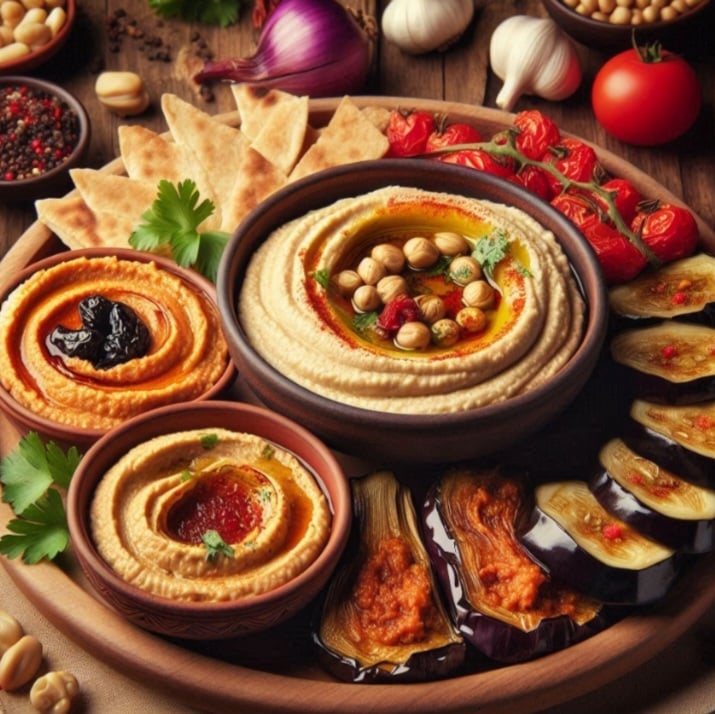 Na Turquia, os "mezze" são petiscos variados, como hummus, baba ghanoush, e vinagrete de berinjela, frequentemente compartilhados em refeições.