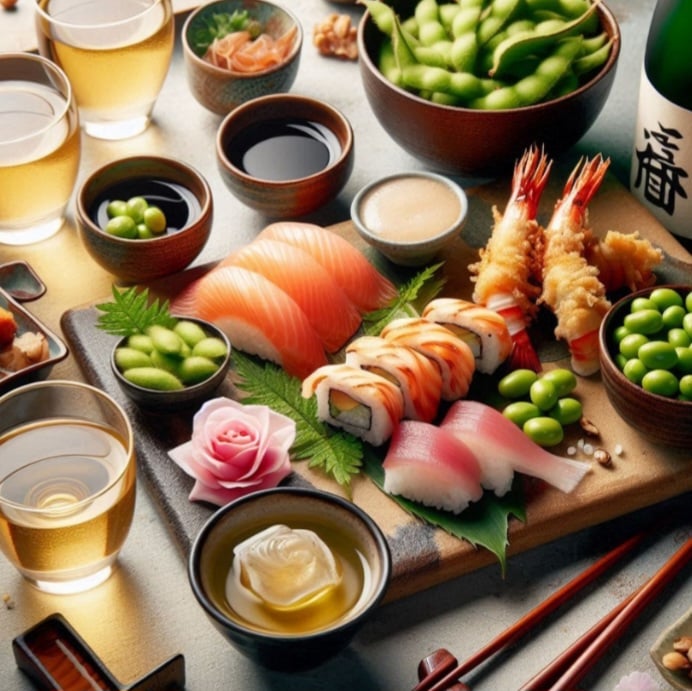 No Japão, os "izakaya" servem pequenos pratos como edamame, sashimi e tempura, acompanhados de bebidas como saquê.