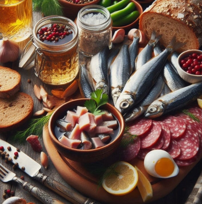 Rússia: Os "zakuski" são aperitivos que incluem arenque, salame e pães, servidos antes da vodka.
