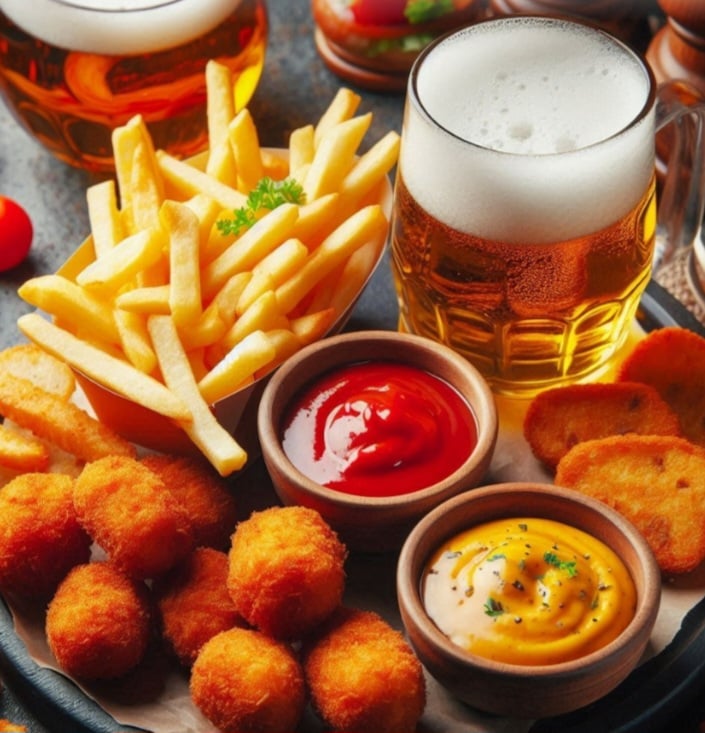 Na Bélgica, os "snacks" belgas incluem batatas fritas e "croquettes", frequentemente acompanhados de cerveja.
