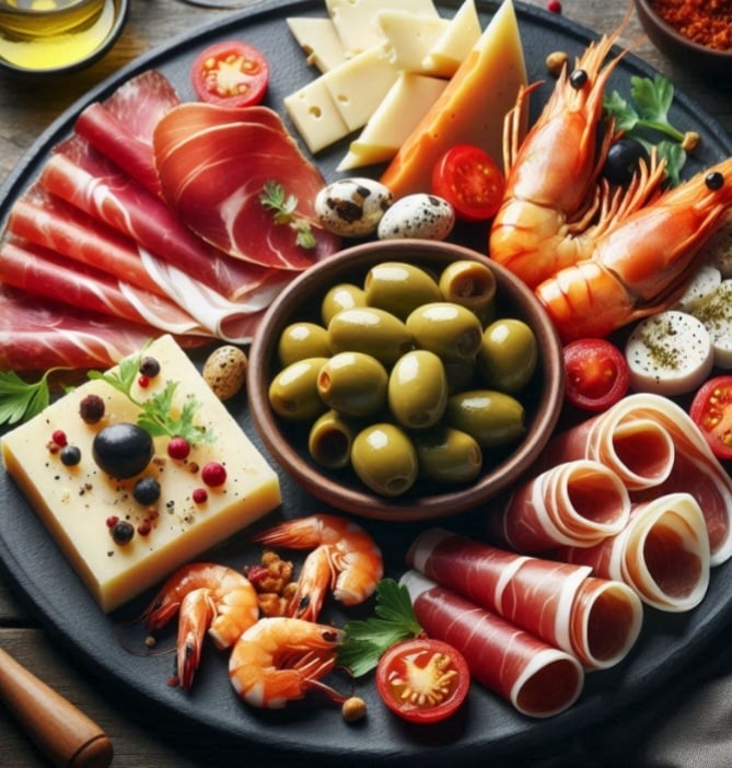  Na Espanha, os "tapas" são pequenos pratos que podem incluir azeitonas, queijos, jamón, e frutos do mar. O hábito de compartilhar tapas reflete a cultura social e a convivência.