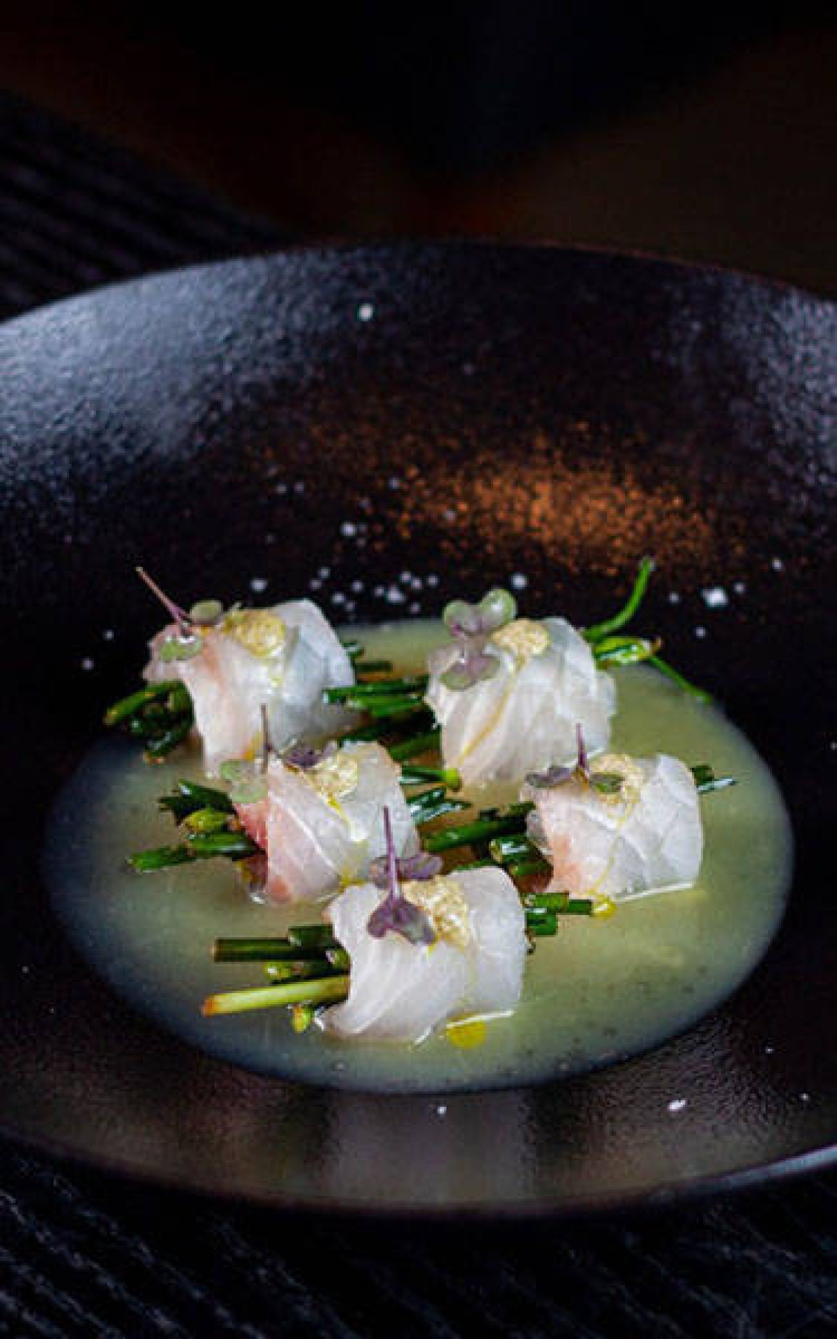 Udon Mercure – Nirá salteado com pescado branco, flor de sal, pesto de huacatay e redução de tucupi: uma entrada que valoriza ingredientes amazônicos com elegância.-Udon Mercure/Reprodução 