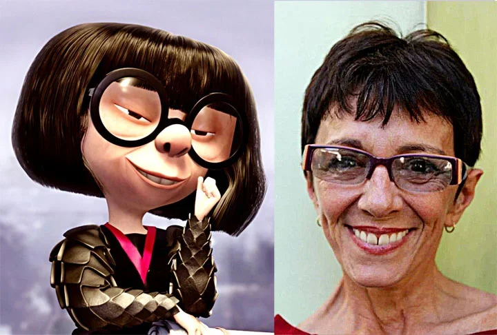 Nádia Carvalho / Edna Moda - "Os Incríveis" (2004): Antes de se tornar dubladora, Nádia já era uma atriz conhecida por interpretar a Santinha Pureza, na Escolinha do Professor Raimundo. Ela morreu em julho de 2022, aos 67 anos, vítima de um AVC.