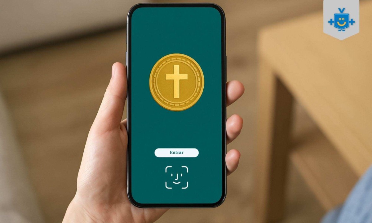 Pessoa segura celular com app simbolizando o banco igreja da Lagoinha, com logo em forma de moeda com cruz. - (crédito: Reprodução Educando seu Bolso) Pessoa segura celular com app simbolizando o banco igreja da Lagoinha, com logo em forma de moeda com cruz. - (crédito: Reprodução Educando seu Bolso)