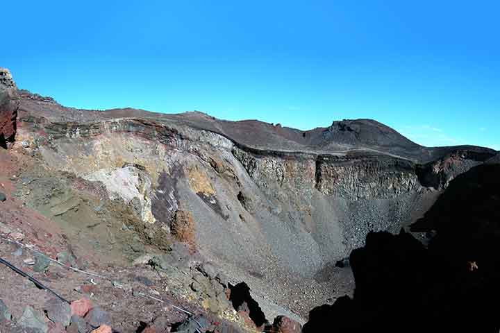 A ladeira do Monte Fuji está cheia de santuários budistas, arcos torii e outros elementos da cultura nipônica. Existem oito picos, sendo o ponto mais alto do Japão. Ele tem um antigo edifício com um radar, todos íveis bastando aos visitantes circular em torno da cratera.