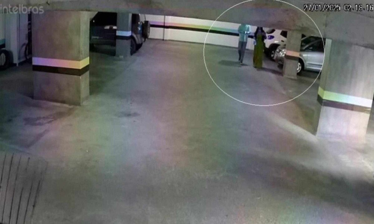 Cena do segundo golpe aplicado, quando a mulher e a vítima entram no prédio pela garagem -  (crédito: PCMG)