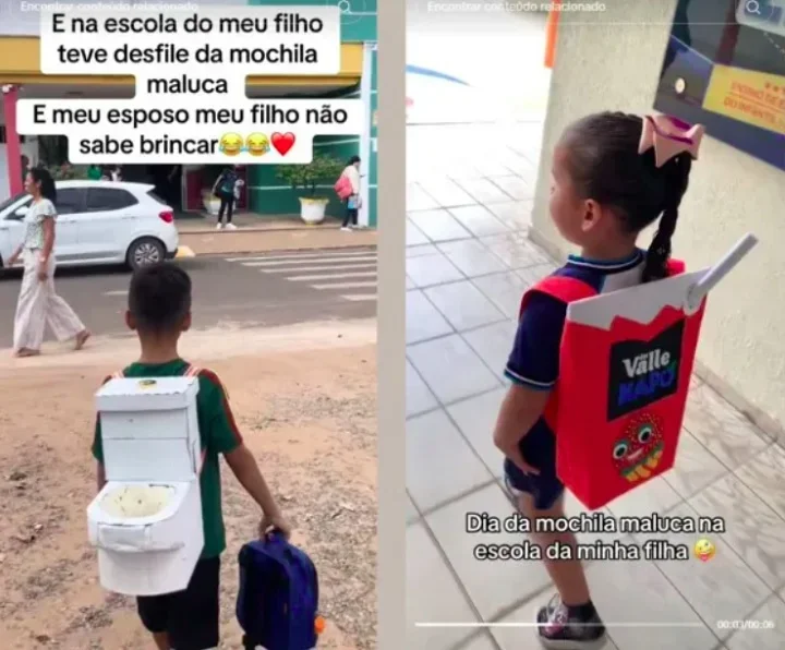 Vaso sanitário e suco: Enquanto um foi de privada nas costas, outra criança adotou uma mochila de suco "Kapo", com direito a canudo e tudo!