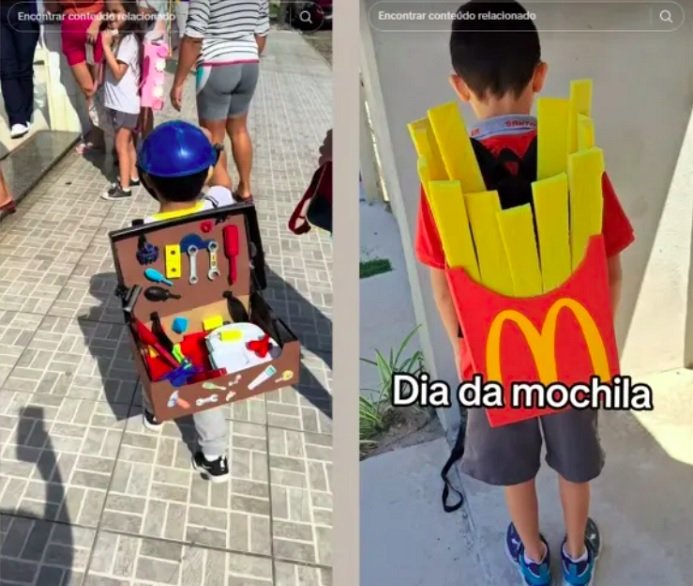 Construtor e fast-food: Enquanto um foi todo trabalhado de profissional da construção — até com capacete! —, a mochila do outro aluno virou uma batata frita do McDonald's!