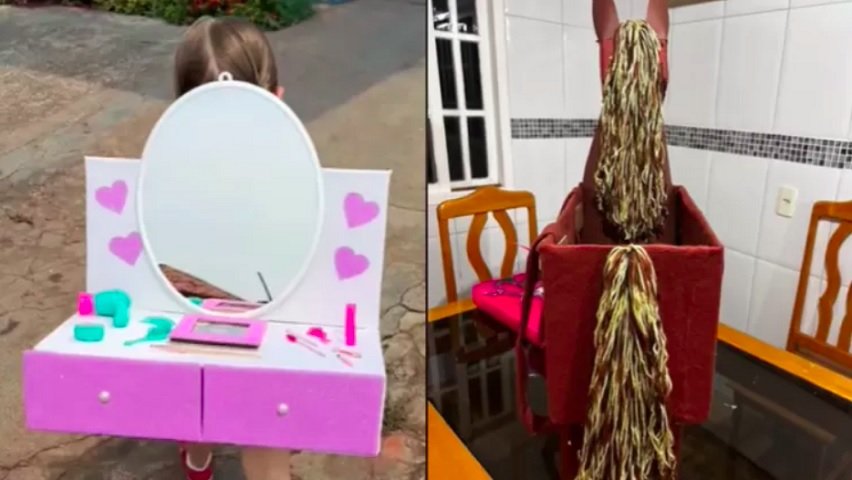 Maquiagem e cavalo: Se as amiguinhas da escola quiserem se maquiar, essa mochila já está pronta para isso. Tem até espelho! Já o do lado, resolveu transformar a mochila em um cavalo.