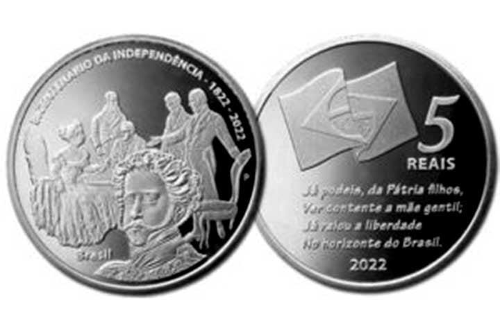 2022: Foram lanÃ§adas 20 mil unidades de moedas de R$ 5, em homenagem ao BicentenÃ¡rio da IndependÃªncia.