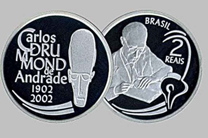2002: Moeda Comemorativa do Centenário de Carlos Drummond de Andrade. Foram fabricadas 20 mil unidades de R$ 2.
