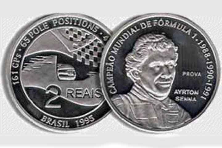 1995: Foram lançadas 10 mil unidades de moedas de R$ 2 lançada em homenagem ao piloto Ayrton Senna.