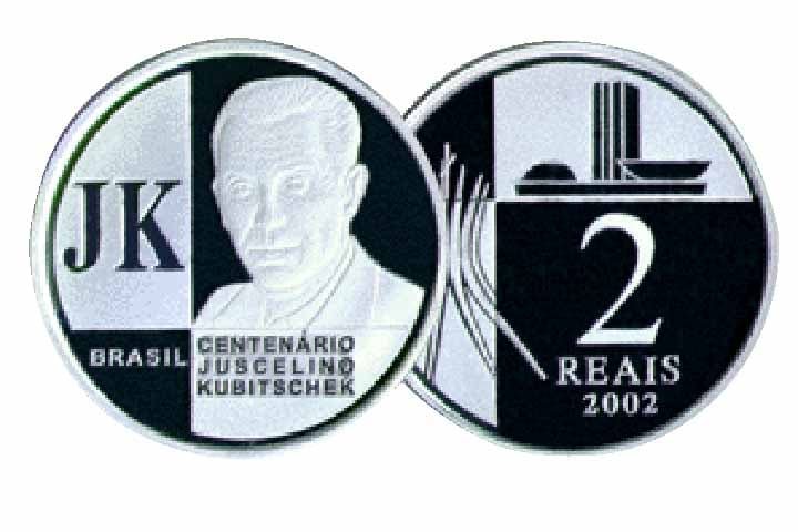 2002: 20 mil unidades de moedas de R$ 2 foram fabricadas em homenagem ao centenário de Juscelino Kubitschek.