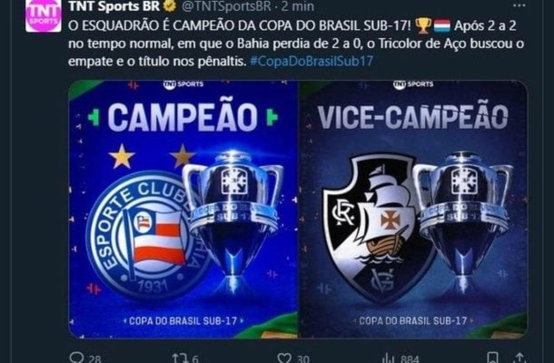 Perfil da TNT Sports comete gafe na final da Copa do Brasil Sub-17