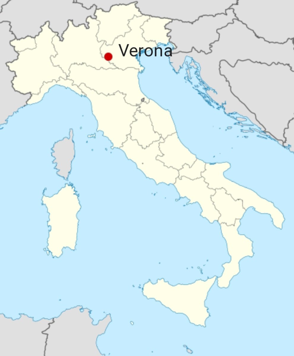Verona fica no Norte da Itália, a 504 km da capital Roma. Á cidade ocupa uma área de 206,63 km² e tem cerca de 265 mil habitantes. 