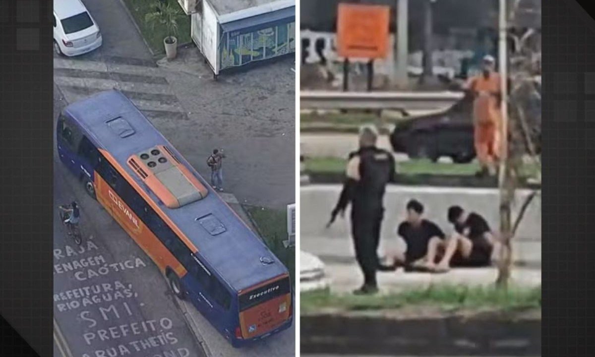 Ônibus assaltado no Rio de Janeiro e momento da rendição dos bandidos  -  (crédito: Reprodução/TV Globo)