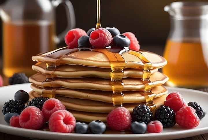 As panquecas americanas costumam ser fofas e grossas,  feitas com fermento em pó e servidas em pilhas. Elas são ideais para coberturas como xarope de bordo, frutas ou chantilly. Sua textura leve e aerada é a marca registrada dessa iguaria.
