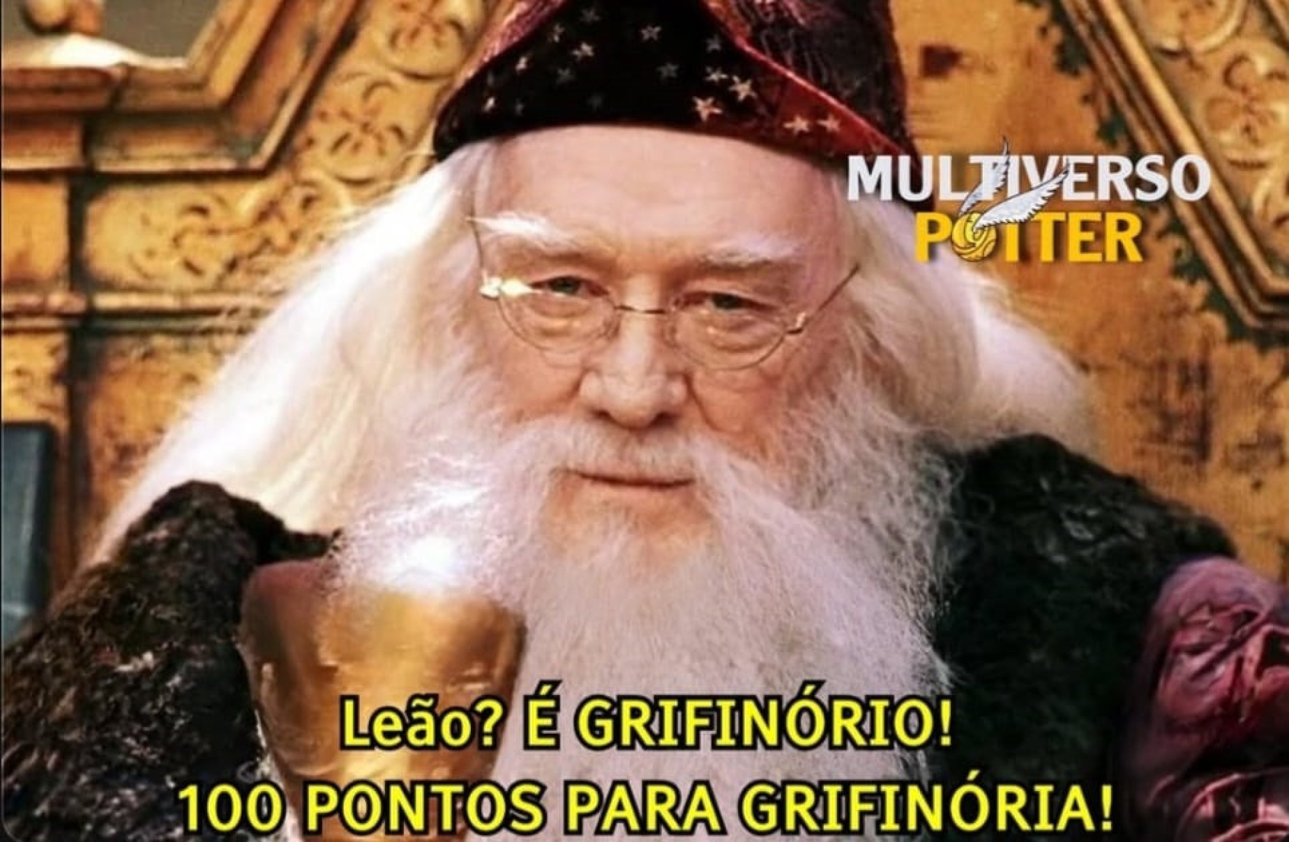 Meme sobre Papa ser da Grifinória - casa de Hogwarts, do filme Harry Potter, sujo símbolo é um leão - circula nas redes-Reprodução/Redes Sociais