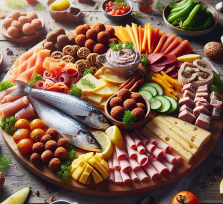 Na Suécia, o"smörgåsbord" é um buffet com uma variedade de pratos frios e quentes, incluindo arenque, carnes e pães.