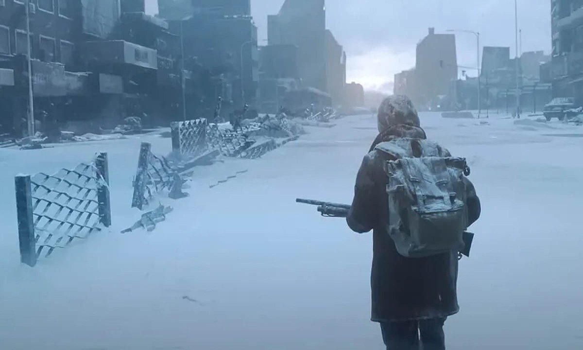 Homem caminha na Buenos Aires devastada pela neve na série O eternauta