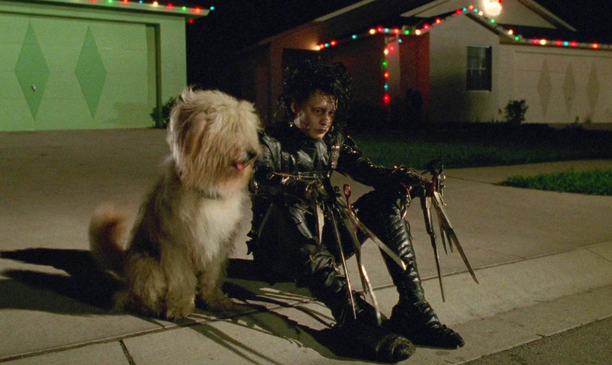 Ator Johnny Depp está sentado no chão ao lado de um cachorro em cena do filme Edward mãos de tesoura
