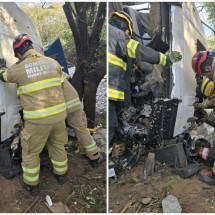 Motorista de carreta bate em árvore e morre preso às ferragens na BR-251  - Corpo de Bombeiros