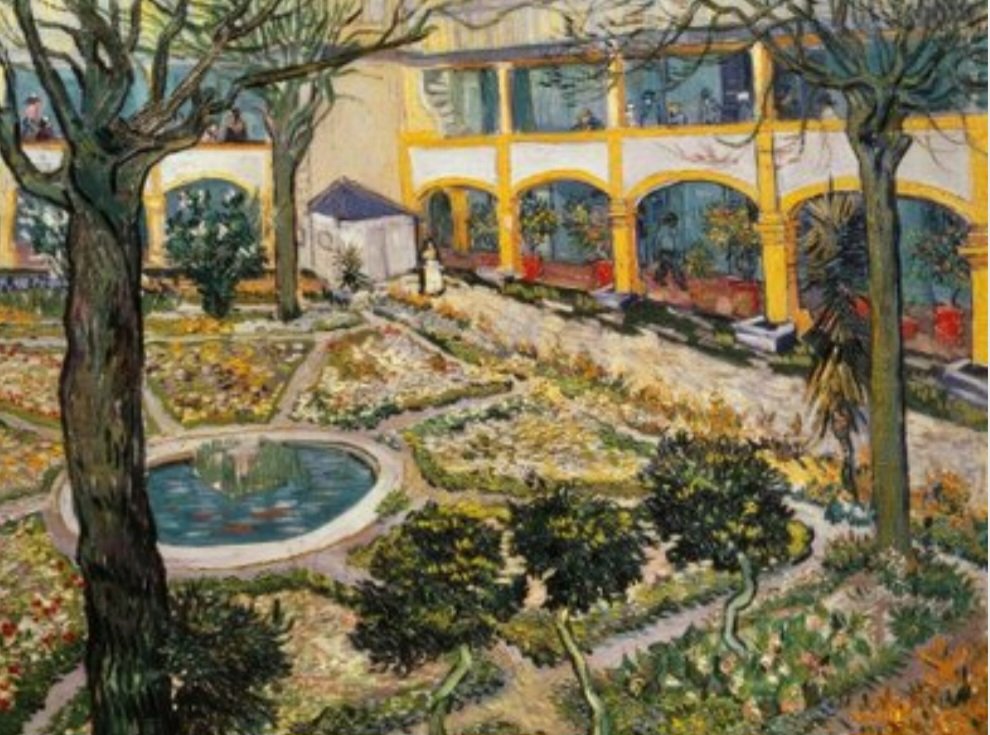 O holandês Van Gogh fez suas pinceladas peculiares na criacao de "Jardim no Hospital de Arles" incluindo um gazebo na area de lazer. A luz vibrante realça uma região do sul da França num quadro criado em 1889
