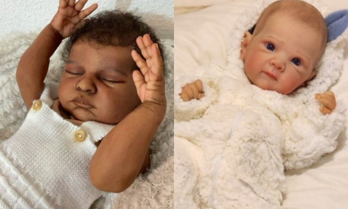 Os bebês reborn são bonecos feitos à mão para parecerem bebês reais, com detalhes como textura da pele, veias e cabelo aplicados fio a fio. -  (crédito: Montagem/Reprodução/Redes Sociais )