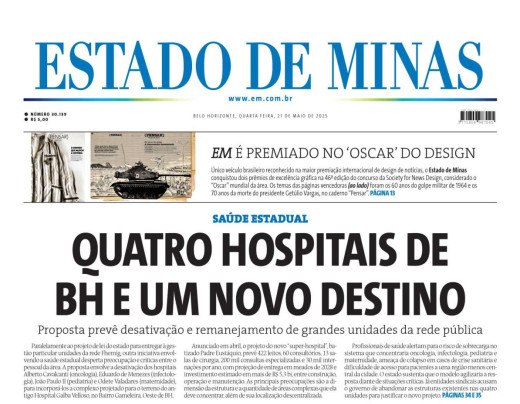 Confira a capa do estado de minas do dia 21/05/2025