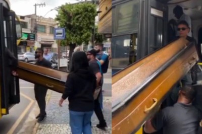 Imagens viralizaram nas redes sociais, mostrando um grupo que tentava embarcar no ônibus carregando um caixão. Houve tumulto porque o motorista não permitiu o acesso, mas as pessoas que carregavam o caixão insistiam em entrar.  -  (crédito: Reprodução redes sociais )