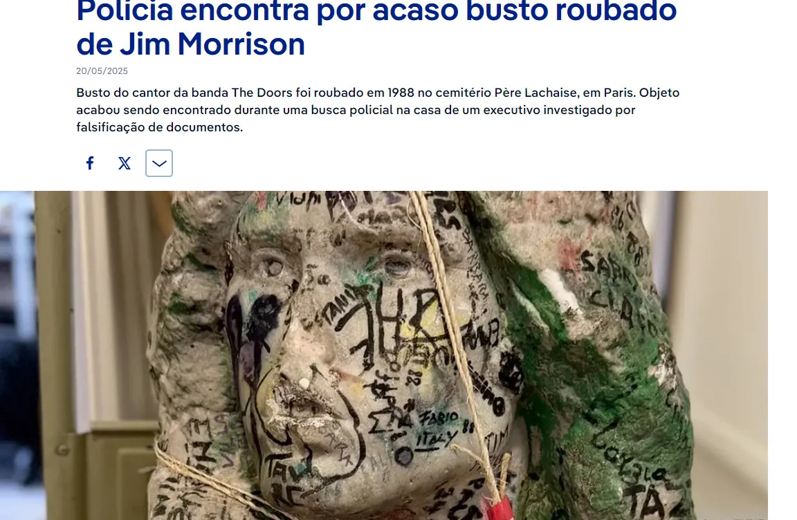 Uma escultura do rosto do cantor Jim Morrison, famoso como vocalista da banda The Doors, foi encontrada por policiais da Brigada Financeira e Anticorrupção parisiense durante buscas na casa de um executivo investigado por falsificação de documentos.  -  (crédito: Reprodução Deutsche Welle )