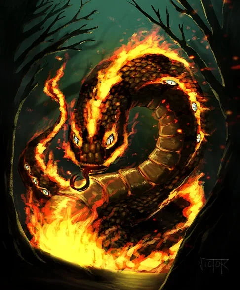 Boitatá - Mito com variações, a depender da região do país. A versão original, do povo tupi-guarani, o retrata como uma cobra de fogo que protege a mata e tem o poder cegar as pessoas ao fazer contato visual. 