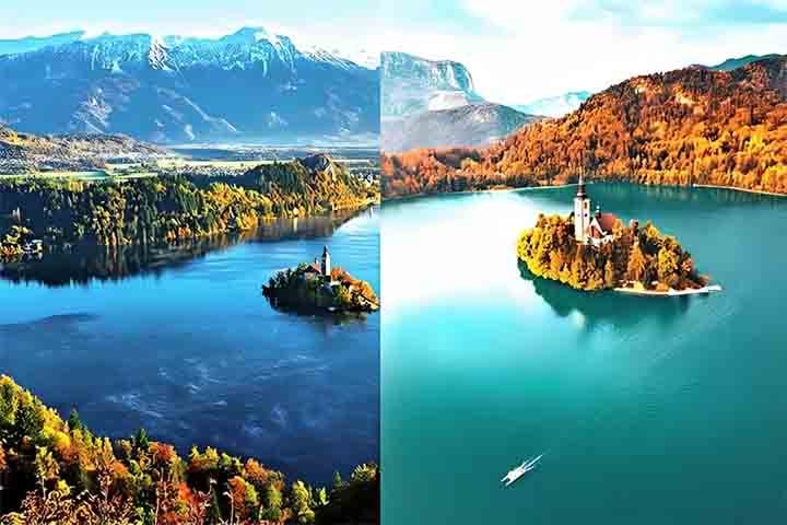 O belo Lago de Bled tem uma paisagem de encher os olhos, com uma pequena ilha onde está situada a igreja de Assunção.