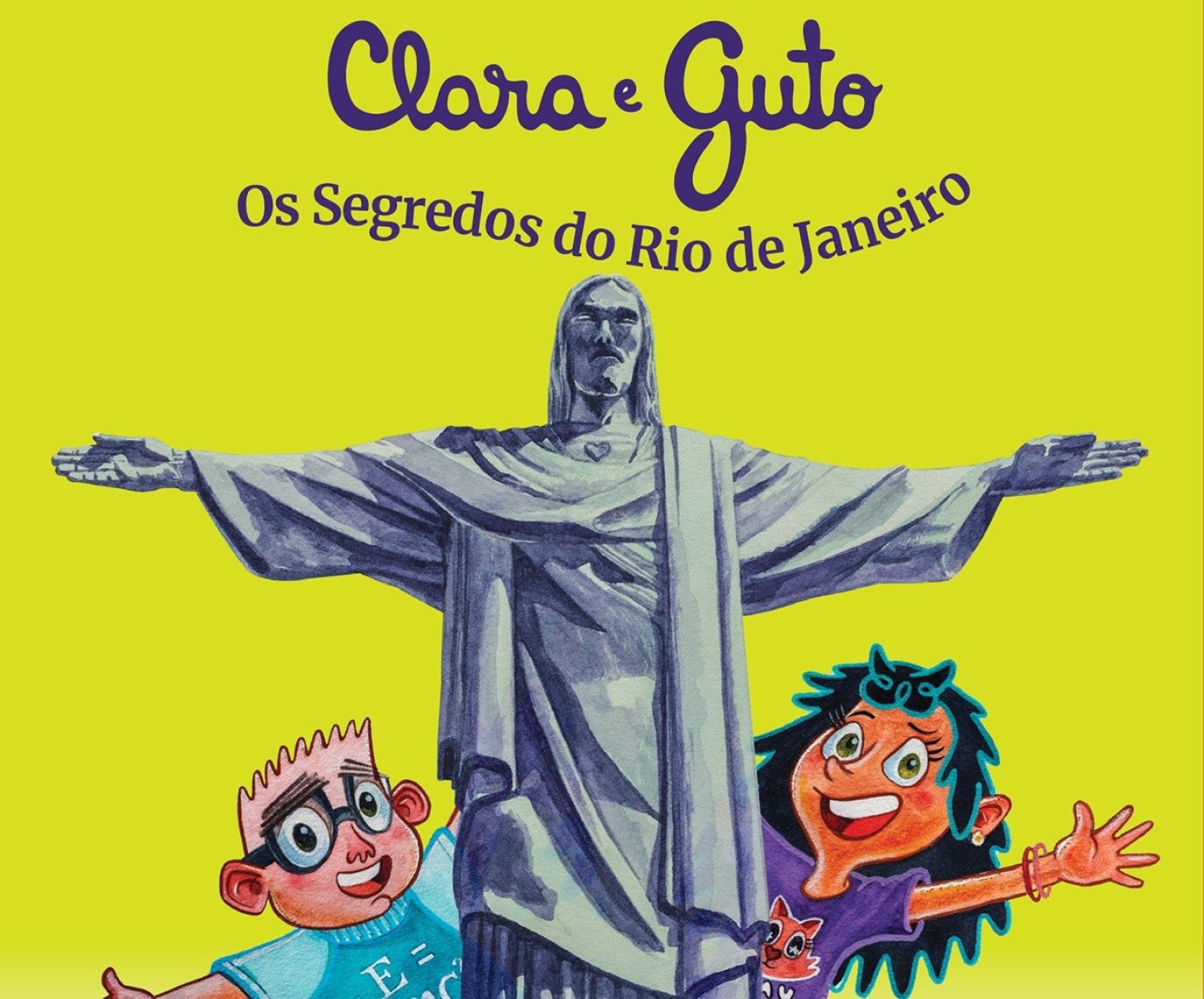 Capa do livro Clara e Guto traz desenho de duas crianças abraçadas ao Cristo Redentor