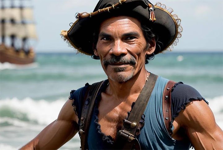 Seu Madruga em "Piratas do Caribe", sucesso de Johnny Depp que transformou o pirata Jack Sparrow em ídolo da garotada com seus trejeitos e suas ações extravagantes.  Tá muito limpinho pro filme... 