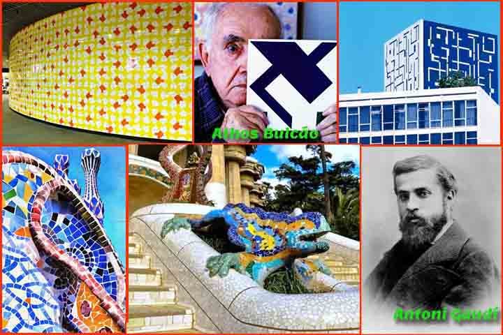 Os azulejos são es para expressar desenhos, narrativas e padrões artísticos. Artistas famosos, como Athos Bulcão no Brasil e Antoni Gaudí (foto) na Espanha, usaram-nos em obras icônicas.
