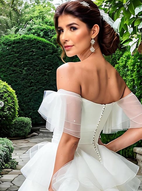 Paula também se mostrou como noiva, optando por um vestido branco de ombros nus e cintura bem marcada. O penteado clássico ajudou a valorizar os brincos. 