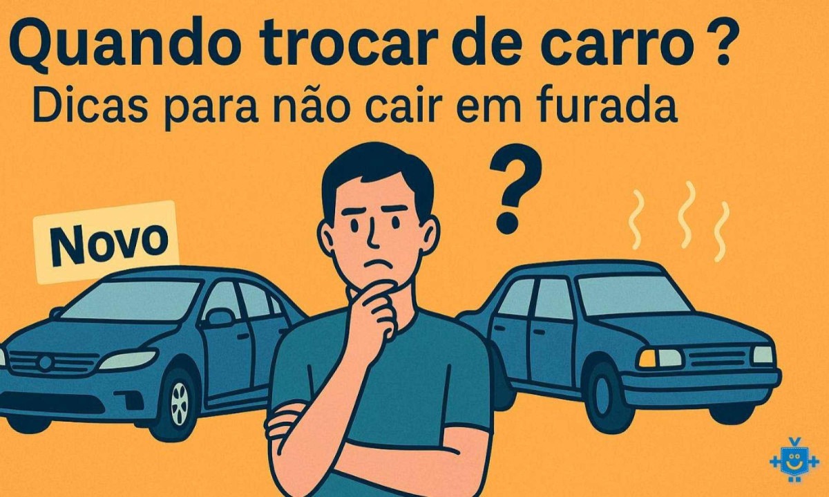 Ilustração mostrando um homem pensativo entre dois carros, um novo e um usado, com a pergunta Ilustração mostrando um homem pensativo entre dois carros, um novo e um usado, com a pergunta