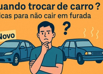 Ilustração mostrando um homem pensativo entre dois carros, um novo e um usado, com a pergunta 